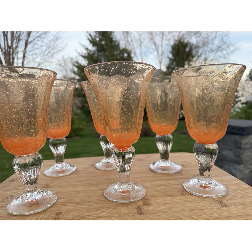 Val De Pome Christophe Saba Biot Seeded Orange Wine/Water Goblets France ~6 Pc